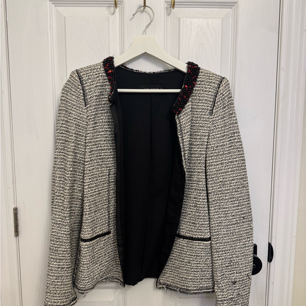 Zara Women Black and White Tweed Blazer with Beaded Collar
